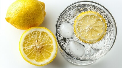 Fresh lemon slices and soda water in a glass