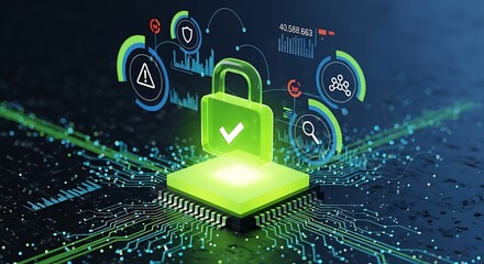 Cyber security and data protection concept with padlock and data visualization