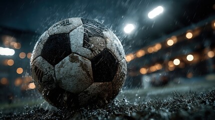 A soccer ball sits in the rain on a dark field at night