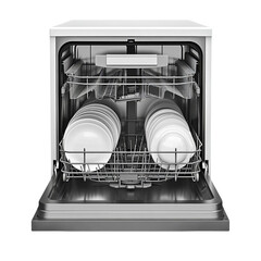 Modern Dishwasher with Clean Dishes Inside White Appliance Kitchen Cleaning isolated on transparent background cutout