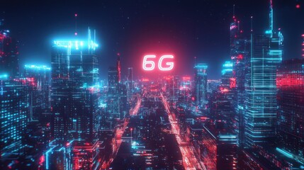 Abstract neon 6G network symbol glowing over modern cityscape, representing the next-generation of high-speed internet connectivity