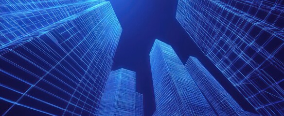 Obraz premium Abstract view of a skyscrapers. Blue modern glass silhouettes of polygonal skyscrapers in the city. Low poly wireframe 3D illustration. Bottom view of modern skyscrapers in business district