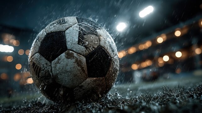 A soccer ball sits in the rain on a dark field at night