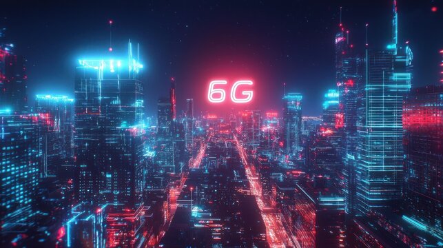 Abstract neon 6G network symbol glowing over modern cityscape, representing the next-generation of high-speed internet connectivity - Powered by Adobe