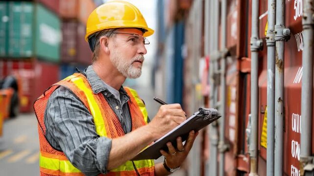 Cargo Inspector: A seasoned cargo inspector, equipped with safety gear, meticulously examines containers in a bustling industrial environment, emphasizing attention to detail and logistical prowess.