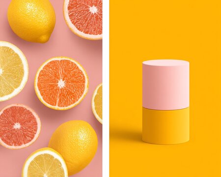 Agrumi e contenitore cosmetico: composizione a colori vivaci