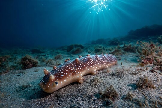 A sea cucumber with white spots on the ocean floor illuminated by sunlight from above the surface