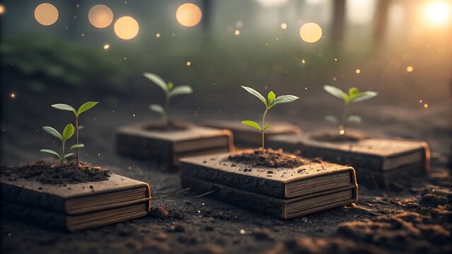 Young green seedlings sprouting from stacks of old books in a forest with soft golden bokeh lights creating a magical atmosphere