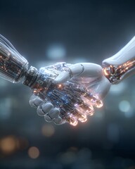 Mano robotica e mano umana che si stringono in un accordo tecnologico
