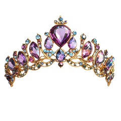 Gold tiara with purple and blue gems ornate royal jewelry isolated on transparent background cutout
