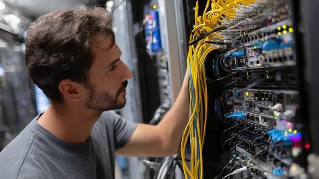 Network Server Technician in Action: A focused network server technician diligently examines the complex arrangement of cables and hardware.