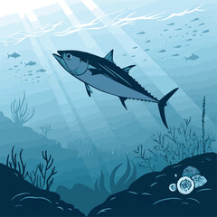 A lone grey predator fin cuts through the clear blue ocean water in a beautiful nature illustration