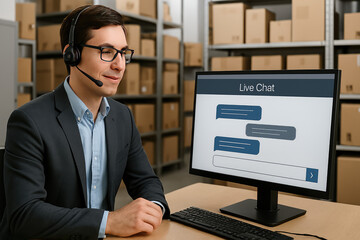 Online Support: A focused customer service representative wearing a headset interfaces with the live chat, supported by the technology in a warehouse setting.