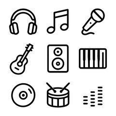 Musical instrument icons headphones note microphone guitar speaker keyboard CD drum equalizer.
