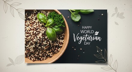 Celebrate world vegetarian day with delicious quinoa dish and fresh basil for healthy living and plant-based lifestyles