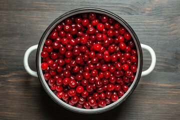 Fresh red cherries piled high showcasing the bounty of summer harvest. Glossy cherries arranged in saucepan. Juicy cherry symbolizing the sweetness and richness of life, closeup