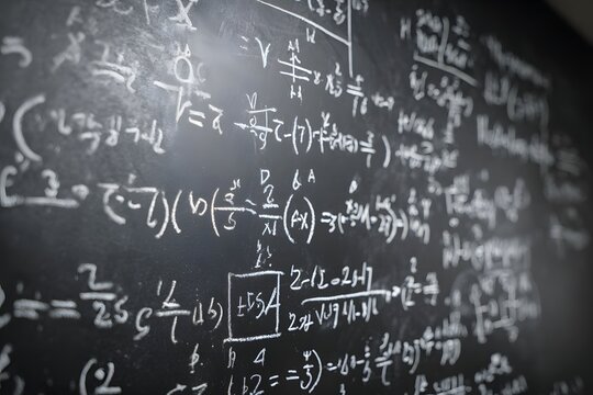 Blackboard with complex math formulas, highlighting science and learning.