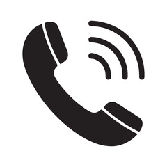 A glossy black telephone icon, a vector symbol for contact and communication, is depicted on a white background