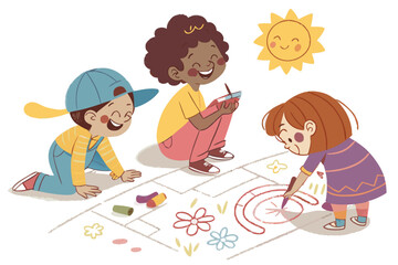 Three children drawing with chalk on pavement with sun smiling in the background having fun together