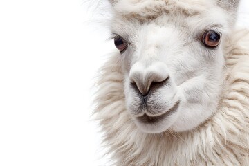 Fototapeta premium A woolly llama gazes springy-eyed against a crisp studio backdrop—wildlife's gentle spark.