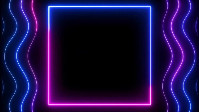 Neon square frame with wavy lines on black background, blue and pink color gradiation