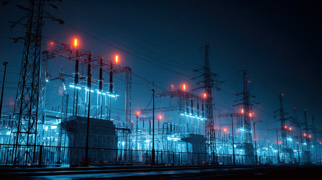 Illuminated high-voltage substation with glowing insulators under night sky - Powered by Adobe