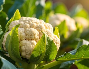 Fototapeta premium Fresh cauliflower heads growing on green leafy plants in a sunlit agricultural field.