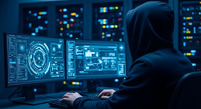 Anonymous hacker working on computer systems in a dark room