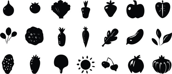 Collection of black and white produce including fruits vegetables and other plant based food items