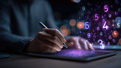 Person using digital tablet, numbers floating