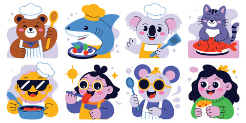 Obraz premium Cartoon Animals and People Cooking and Tasting Food Bear, Shark, Koala, Cat, Children