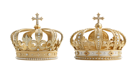 two elegant golden crown with stone and cross isolated on transparent background