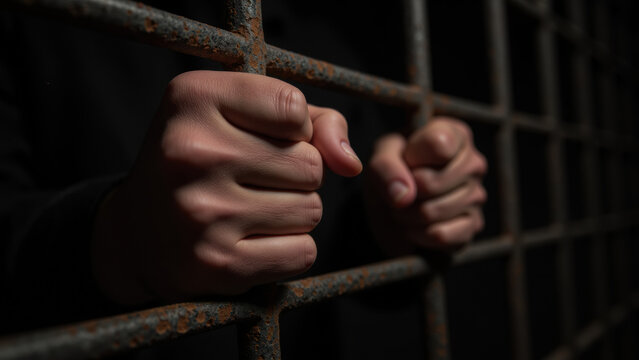Person gripping rusty prison bars, conveying sense of confinement and struggle. dark background enhances feeling of isolation and despair