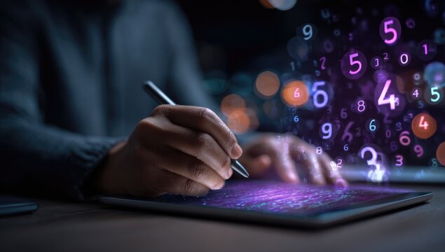 Person using digital tablet, numbers floating - Powered by Adobe