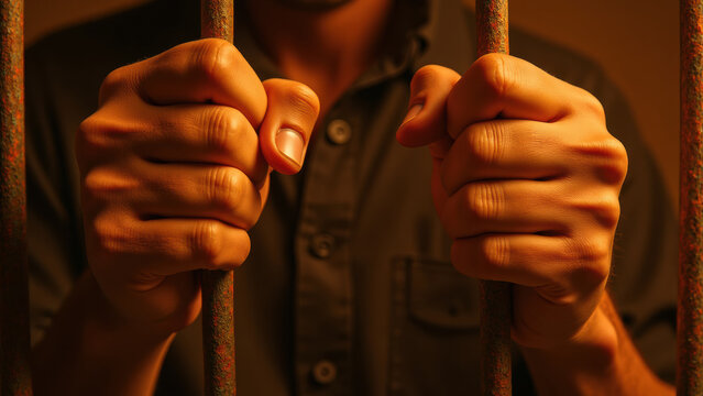 Hands gripping prison bars, symbolizing confinement and struggle, evoke sense of despair and longing for freedom