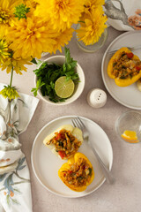 Stuffed bell peppers with quinoa, lentils, and fresh vegetables offer a delicious and healthy breakfast or lunch option, packed with protein, fiber, and vibrant flavors