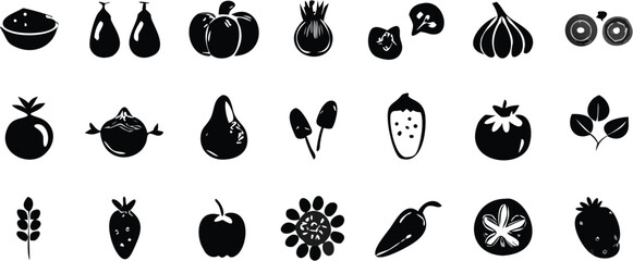 Illustration of various fruits and vegetables including pears tomatoes and strawberries in black and white