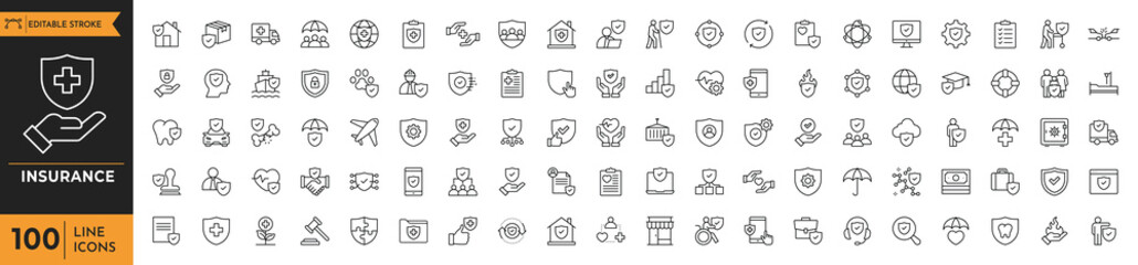 Insurance icon set. Containing welfare, government, society, service, education, reform, health care, legislation, medicine, law and more. editable stroke. vector illustration