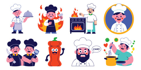 Fototapeta premium Cartoon Chef Illustrations Featuring Cooks, Oven, Pepper, and Food Related Symbols On White