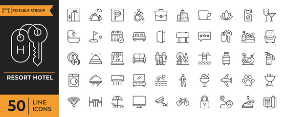 Resort hotel icon set. Containing hotel, tourism, wellness, beach, passport, maps, spa, and more. editable stroke. vector illustration