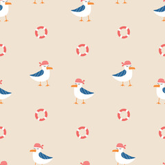 Adorable seagull in a red bandana and lifebuoy hand drawn vector illustration. Funny marine seamless pattern for kids fabric.