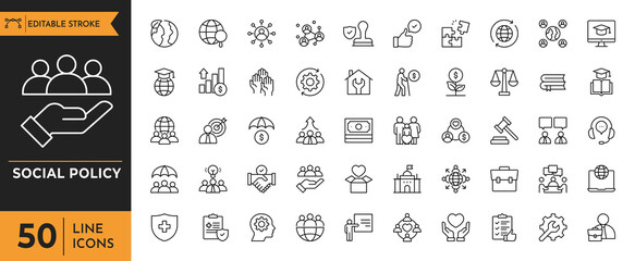 Social Policy icon set.Containing welfare, government, society, service, education, reform, health care, legislation, medicine, law and more.  editable stroke. vector illustration
