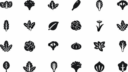 Collection of twenty four black and white icons depicting various types of leafy green vegetables