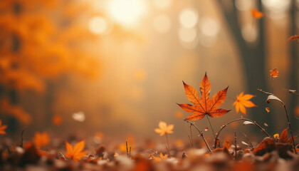 Orange autumn leaf on forest floor with bokeh background