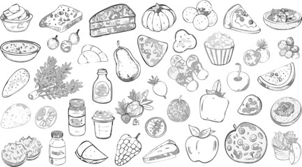 A monochrome sketch of various food items including fruits vegetables and prepared dishes in a pattern