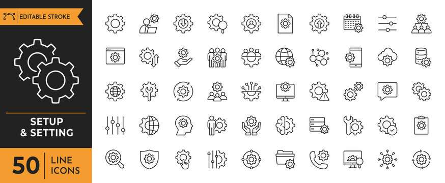 Setting & Setup icon set. Containing Configuration, option, settings, control , and more. editable stroke. vector illustration