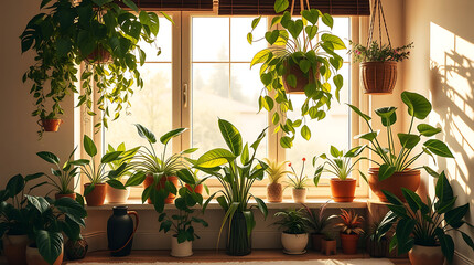 An indoor potted plant and colorful flowers decorate a sunlit window