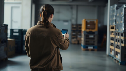 A woman in a warehouse scans a package with her smartphone, surrounded by stacked boxes and pallets.