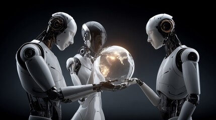Three futuristic robots collaborating, holding a glowing globe, showcasing technology