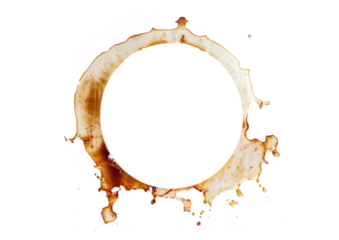 brown coffee cup stain splash in round frame shape isolated on white or transparent png